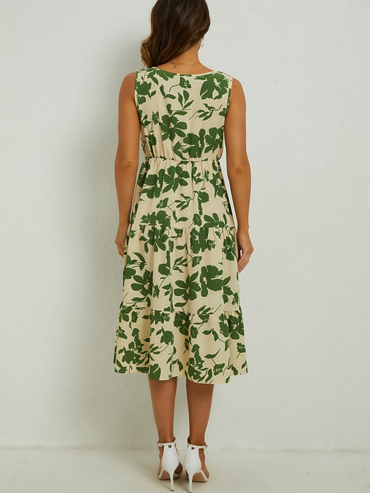 Beautiful sleeveless V-neck floral midi dress for women, light and airy, offering summer elegance and comfort.