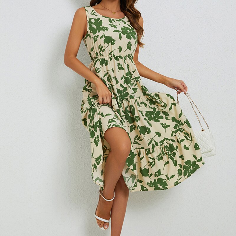 Feminine floral summer midi dress for women, bringing elegant charm to any vacation, garden party or outdoor event.