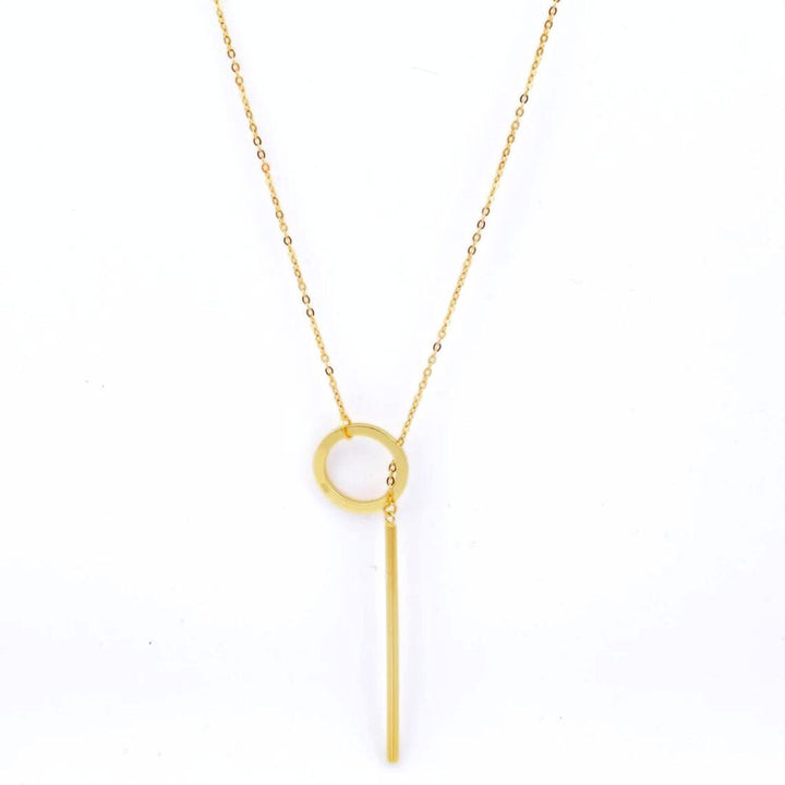 Elegant gold plated drop bar lariat necklace for women. Dainty and versatile fashion jewelry.