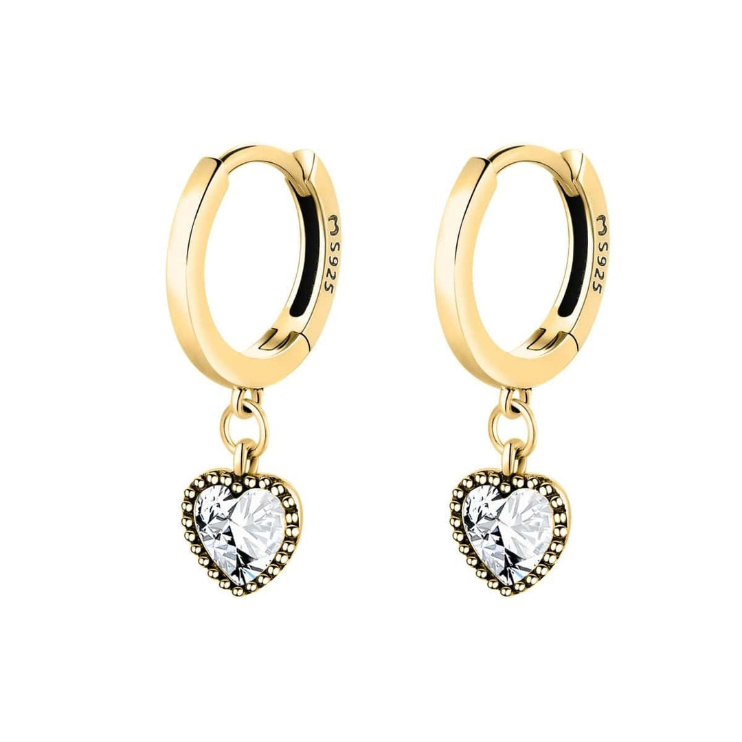 Dainty crystal heart drop earrings for women, gold plated sterling silver, elegant and delicate.