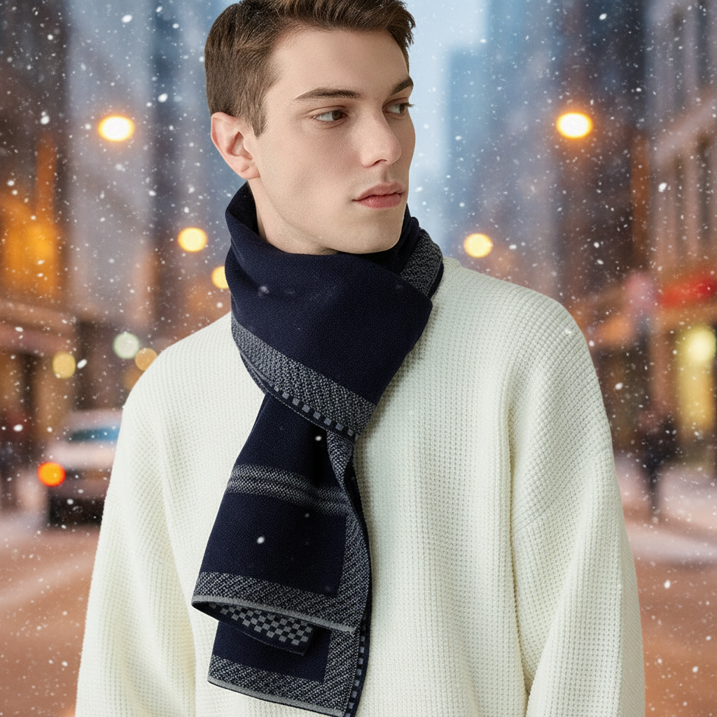 Elegant gray men's cashmere winter scarf, soft and warm accessory, perfect for cold weather fashion.