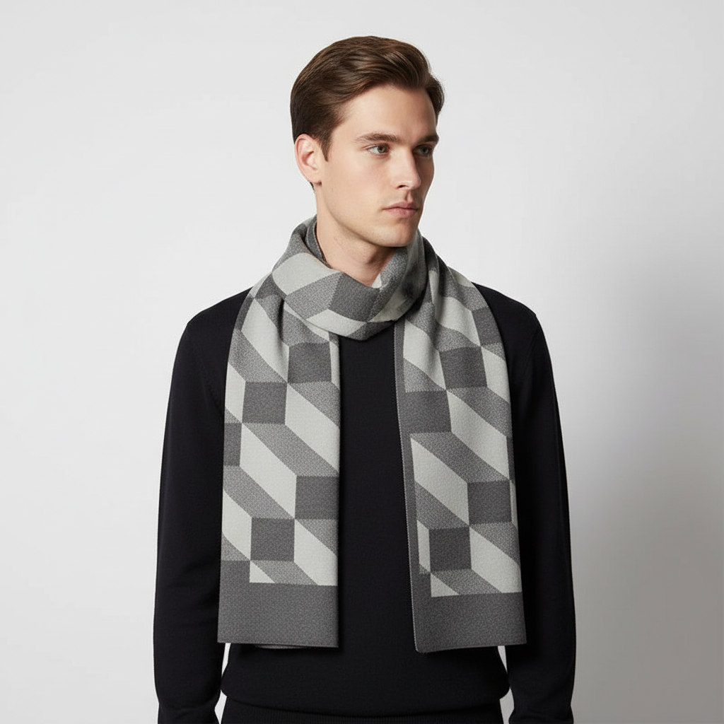 Man adjusting his soft men's cashmere winter scarf, demonstrating its comfortable fit and stylish look.