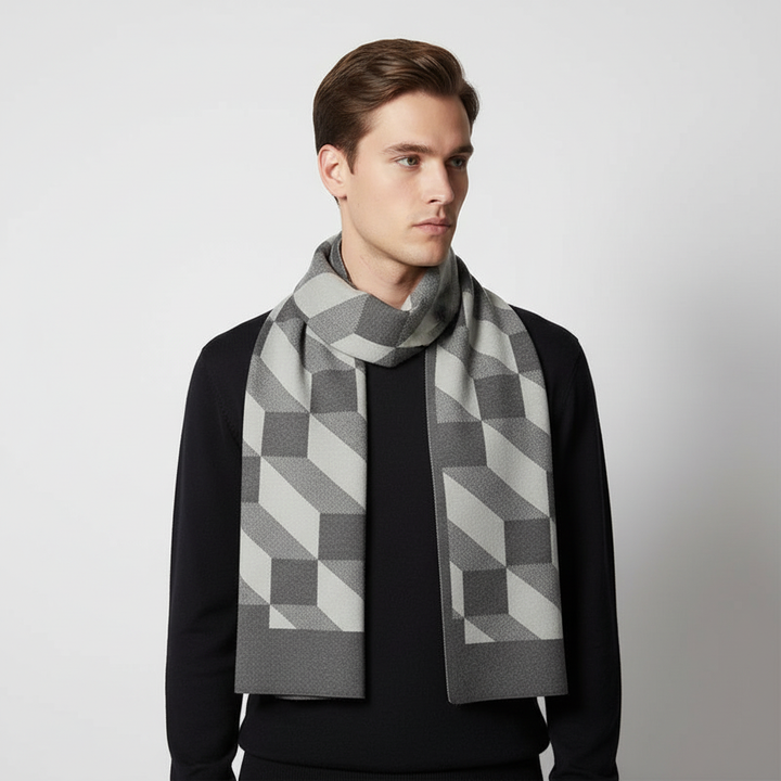 Man adjusting his soft men's cashmere winter scarf, demonstrating its comfortable fit and stylish look.