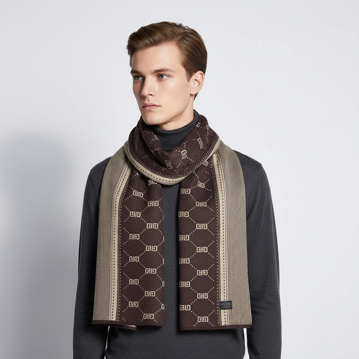 Detailed shot of the woven pattern on a high-end men's cashmere winter scarf, emphasizing its quality.