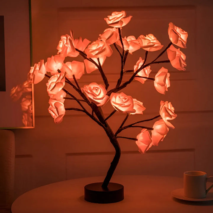 Botanical-inspired rose tree lamp, featuring artificial roses with embedded LEDs, unique home decoration.