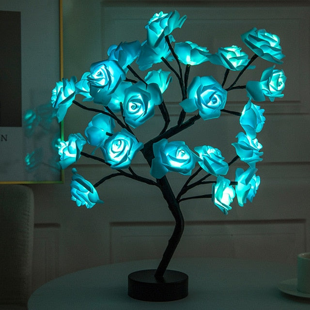Warm white LED rose tree, charming indoor/outdoor decor. USB & battery operated for flexibility.