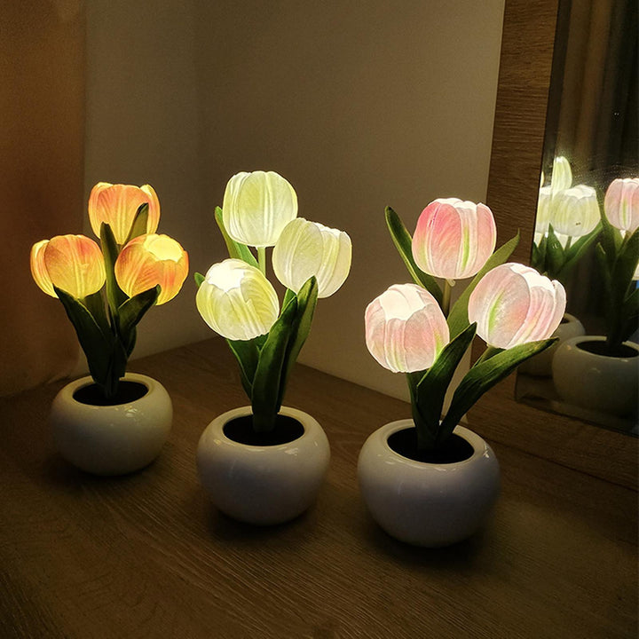 Elegant LED tulip flower night light, perfect home decor with soft mood lighting for bedroom.