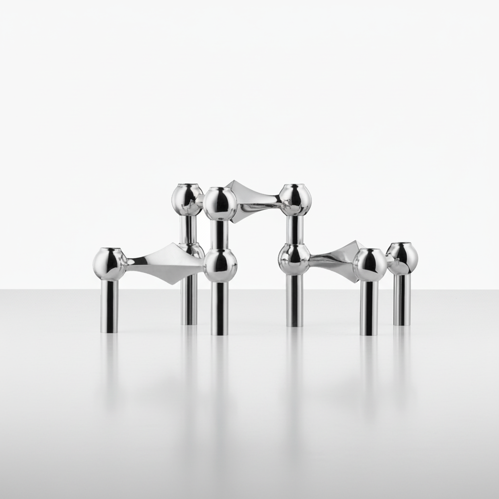 Close-up of Shinexis modular candle holder, sleek stainless steel, minimalist design.