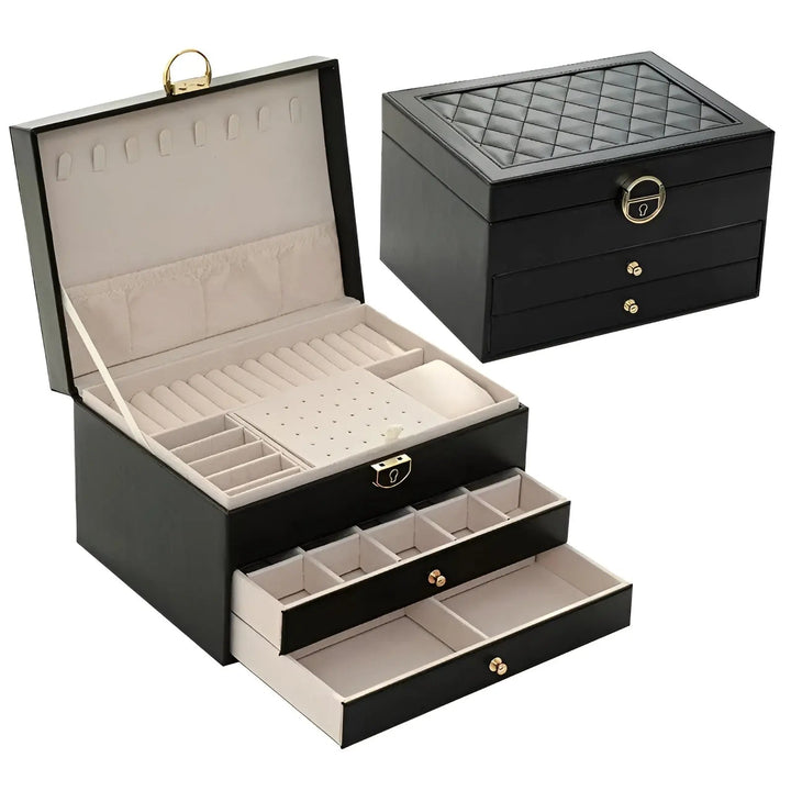 Luxe EleganceBox multi-layer jewelry organizer in vegan leather, a stylish storage solution for jewelry.