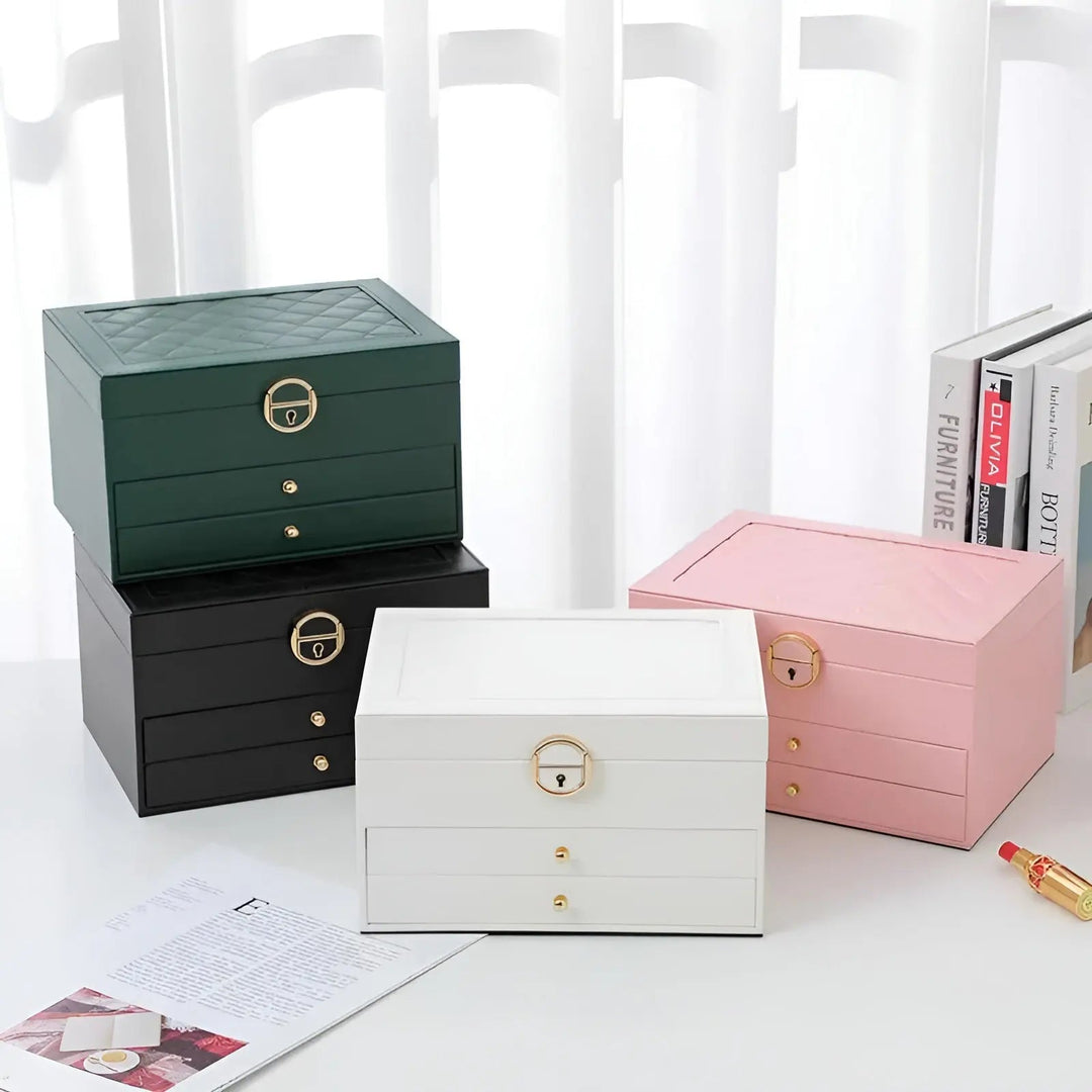 Women's multi-layer vegan leather jewelry box, ideal for various accessories & home decor.