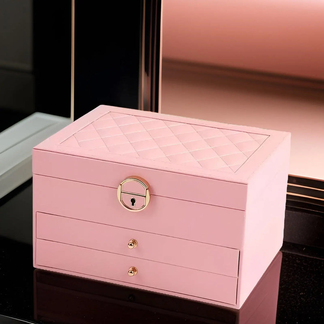 Stylish multi-layer vegan leather jewelry storage, a luxurious gift for her or a dresser top accent.