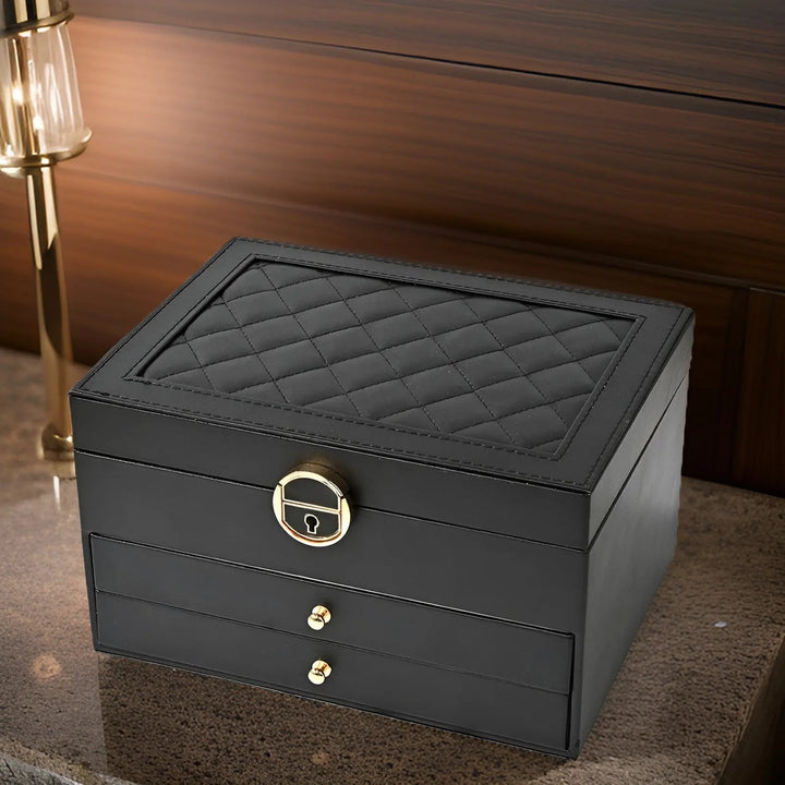 High-capacity multi-layer vegan leather jewelry box 'EleganceBox', keeping precious items organized.