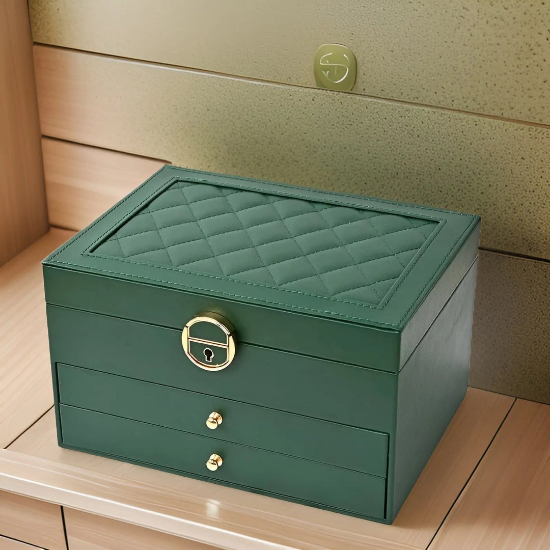 Beautiful multi-layer vegan leather jewelry organizer, combining luxury with practical storage for accessories.