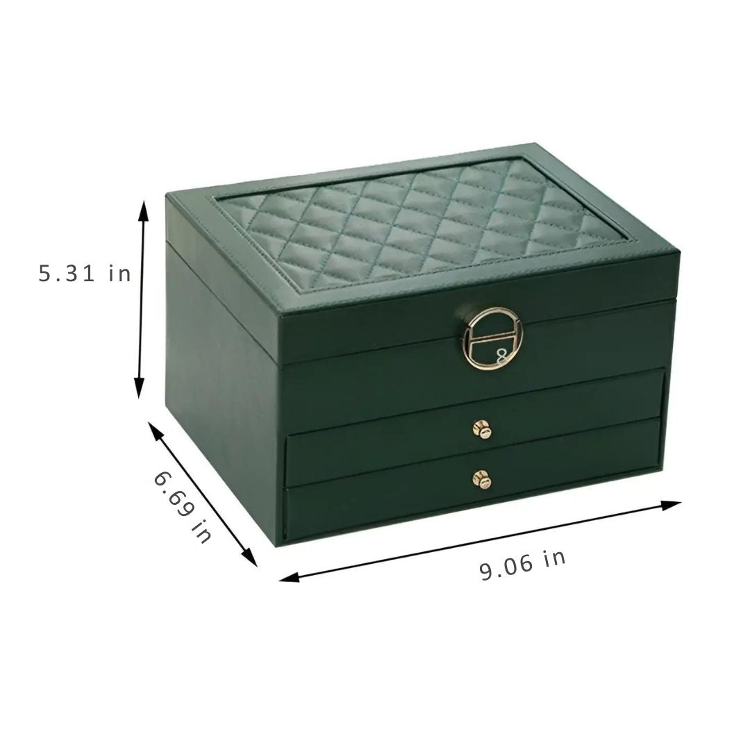Decorative multi-layer vegan leather jewelry box, enhancing any dresser with its elegant design and spacious storage.