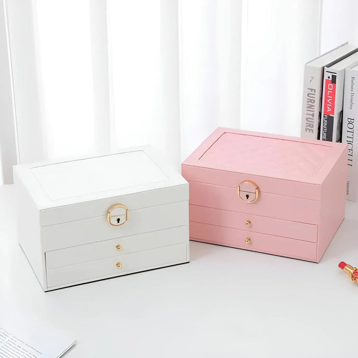 Luxury PU leather jewelry box with multiple layers, ideal for women's extensive jewelry collection.