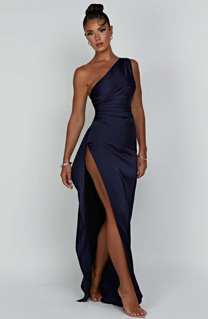 Luxurious women's one-shoulder split dress, an elegant satin gown for special occasions.