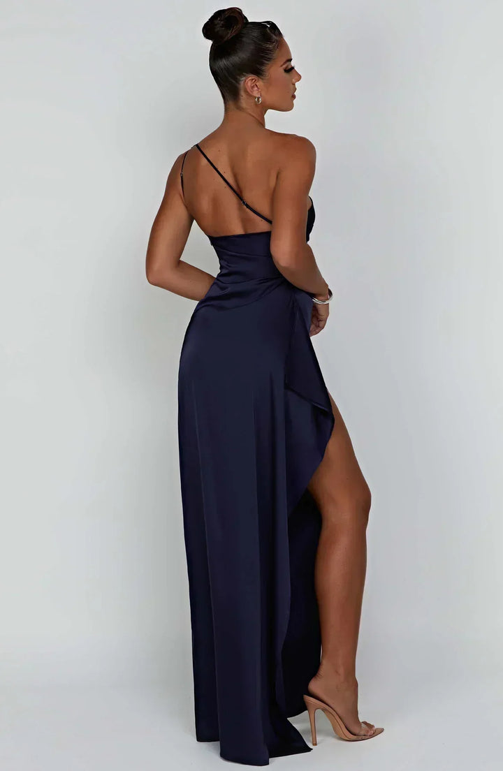 Graceful women's one-shoulder split evening dress, an elegant choice for formal gatherings.