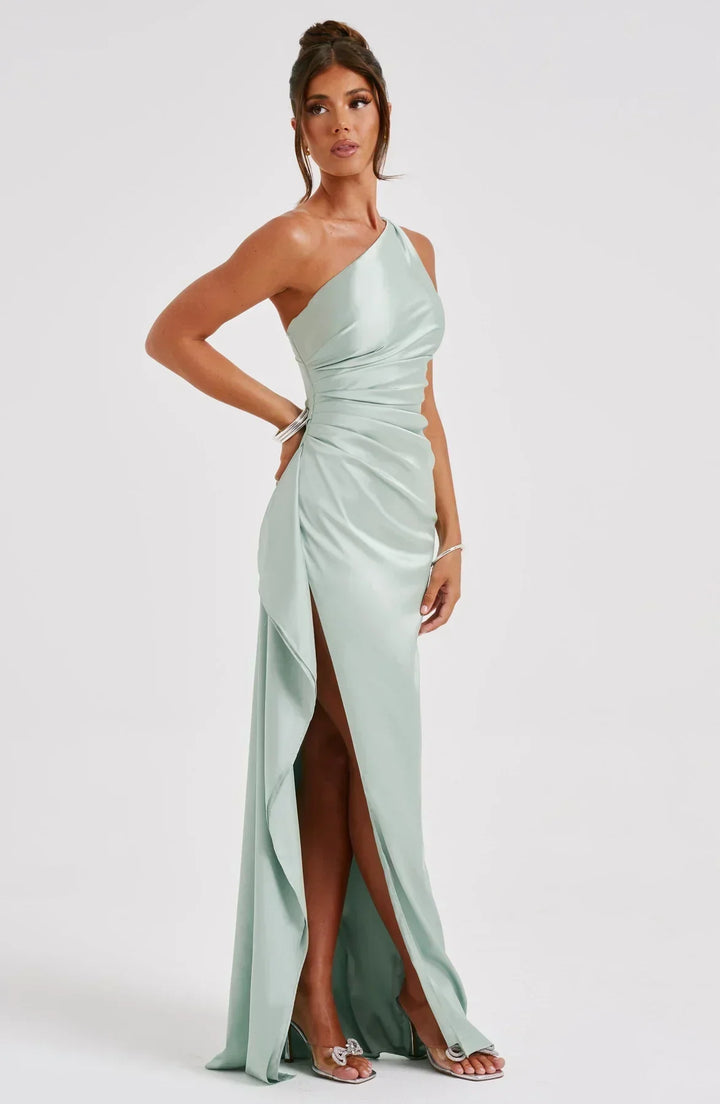 Stunning women's elegant one-shoulder split dress, perfect for any special occasion.