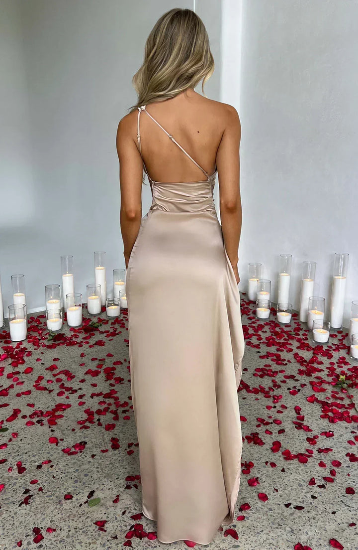 Exquisite women's one-shoulder satin split gown, perfect for luxurious evening wear.