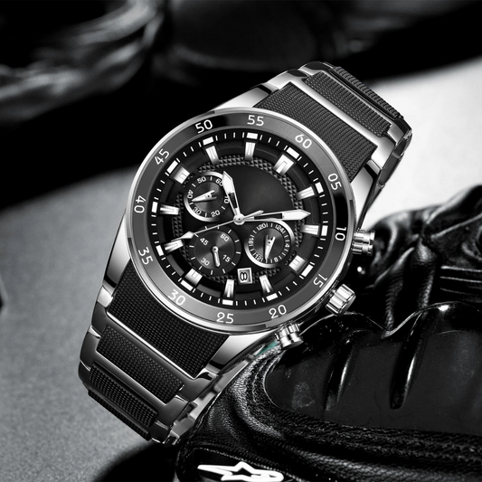 Stylish men's quartz watch with date, chronometer, and water resistance