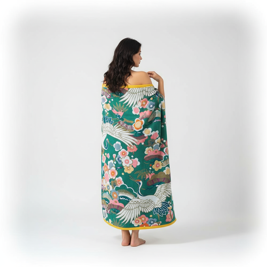 Cotton FlowerLuxe bath towel, elegant floral print, soft and fast-drying for travel or home spa