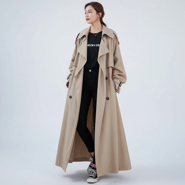 Close-up of a women's oversized long trench coat in Scarlett, showcasing its elegant fabric and design details.