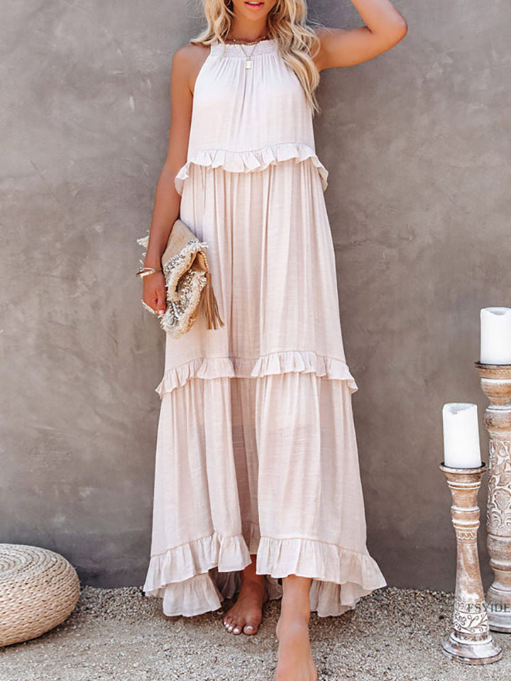 Elegant sleeveless maxi dress for women with stylish bow detail, perfect for summer evenings.