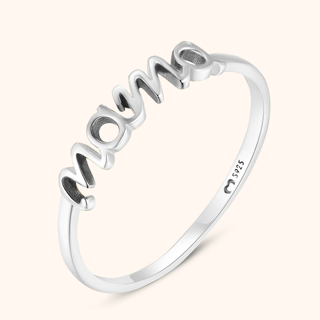 Elegant sterling silver Mama ring, a beautiful women's fashion ring for moms, available in gold plated or silver.