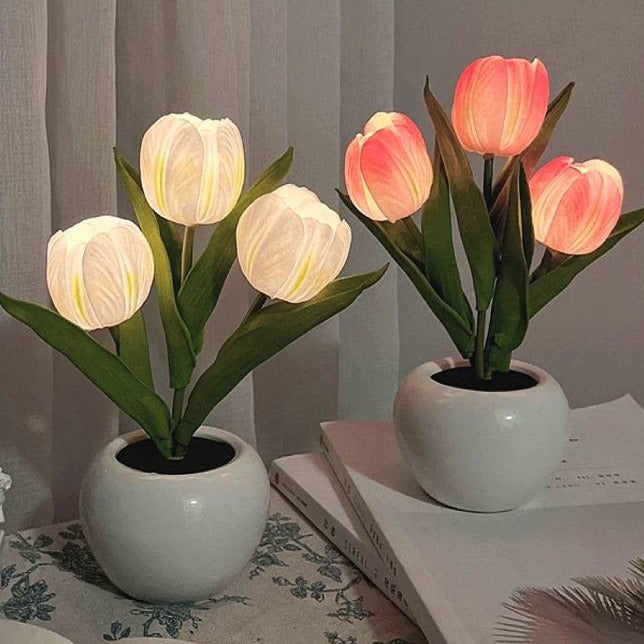 Decorative LED tulip flower lamp, providing warm ambient lighting, versatile for any room.