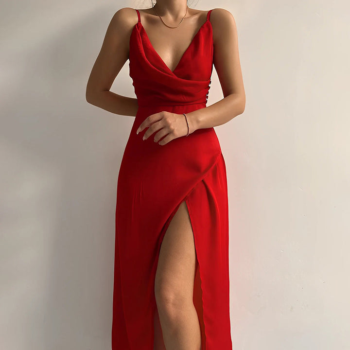 Chic Elara V-neck maxi dress for women, with high slit, ideal for summer parties & events.