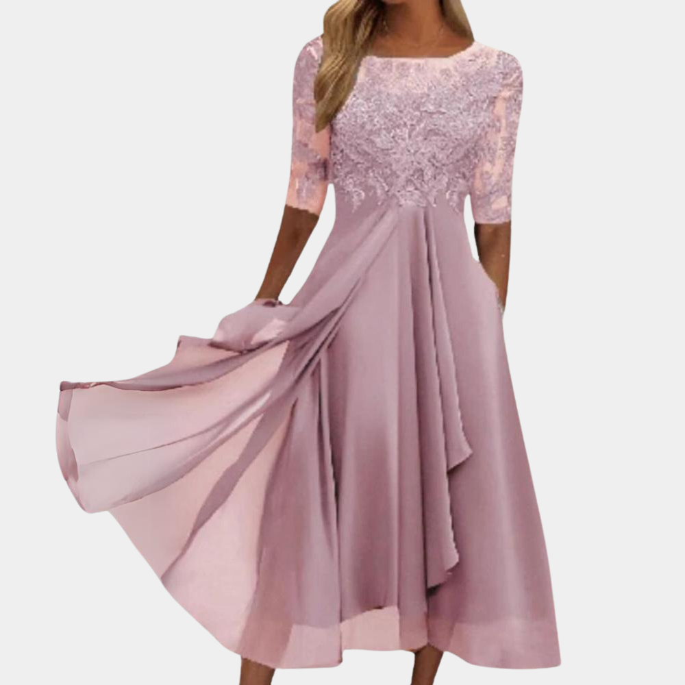 Stylish Viviana women's elegant A-line dress, short sleeve design. Versatile for parties, summer & special occasions.