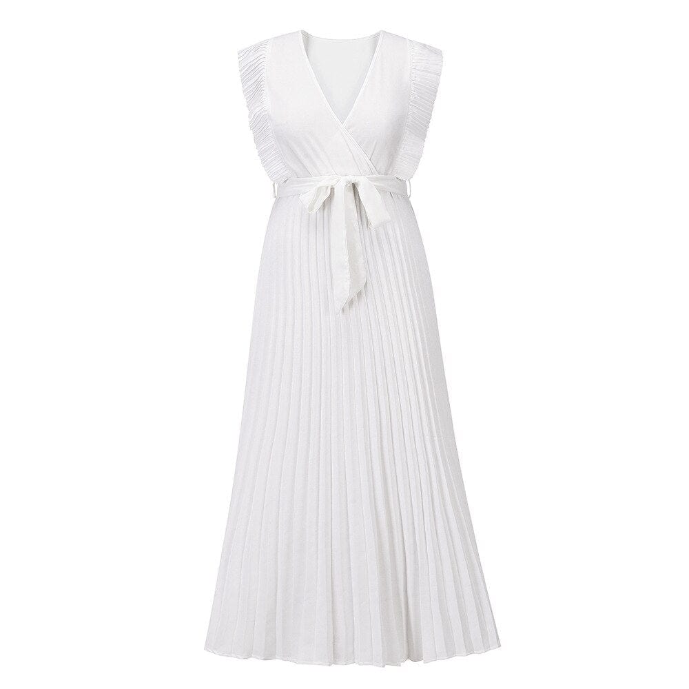 Flowy sleeveless white bohemian V-neck dress for women, ideal as a chic party outfit or beach dress.