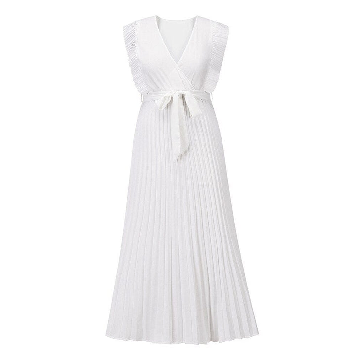 Flowy sleeveless white bohemian V-neck dress for women, ideal as a chic party outfit or beach dress.