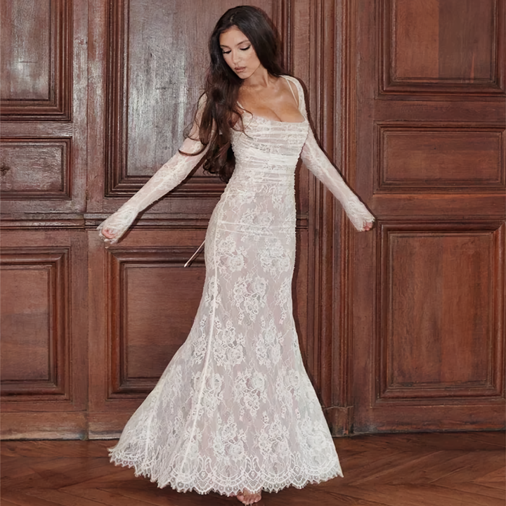 Long white lace dress for women, an elegant maxi dress choice for summer, parties, and evening events.