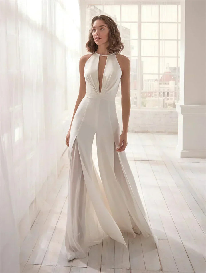 Elegant white V-neck women's jumpsuit. Versatile sleeveless one-piece for party, formal, or casual chic summer fashion.
