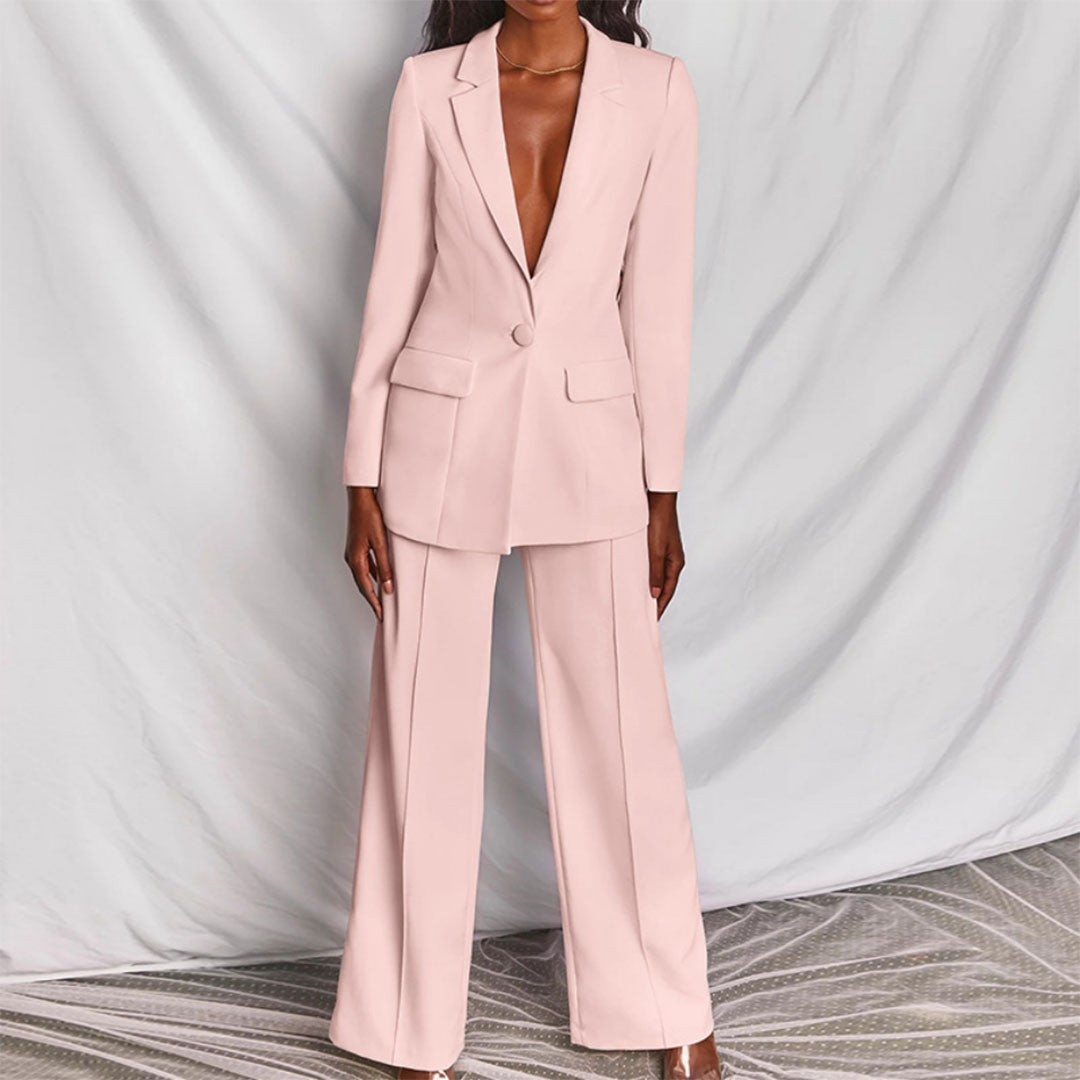 Modern women's elegant blazer and trouser set, a fashionable 2-piece outfit.