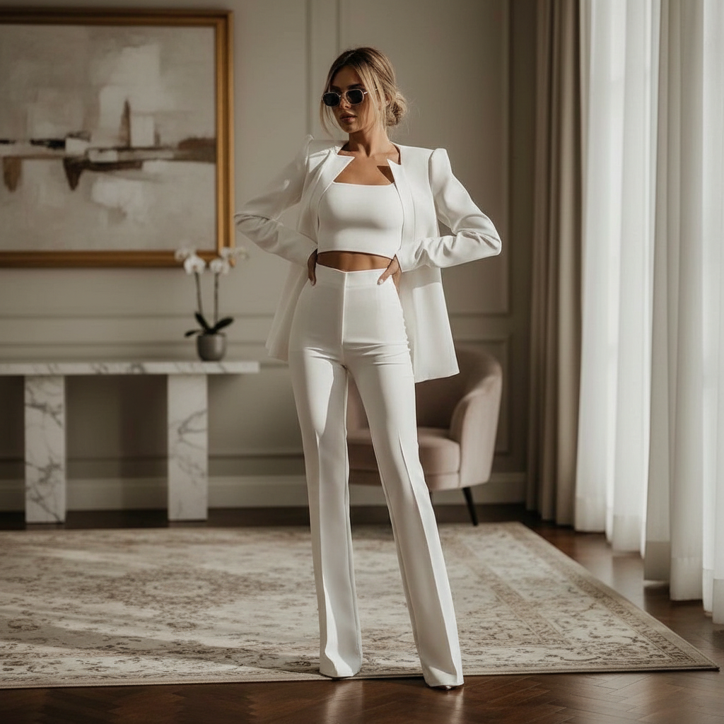 Elegant women's 3-piece blazer, top, and skirt ensemble in black, perfect for office wear or evening attire.