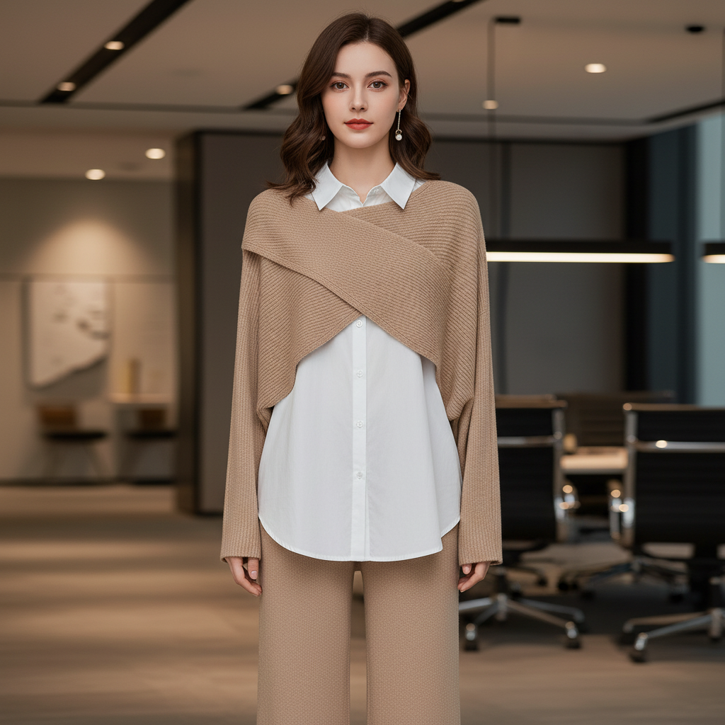 Elegant women's 3-piece knit loungewear set in cotton polyester with wide-leg pants, perfect for casual chic.