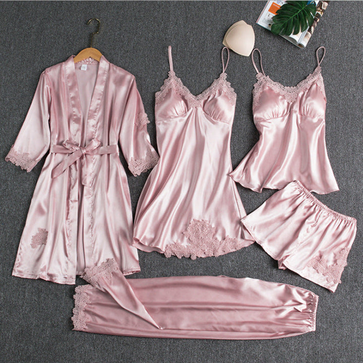 Elegant women's 5-piece satin sleepwear & loungewear set with delicate lace trim, includes robe, cami, shorts, pants.