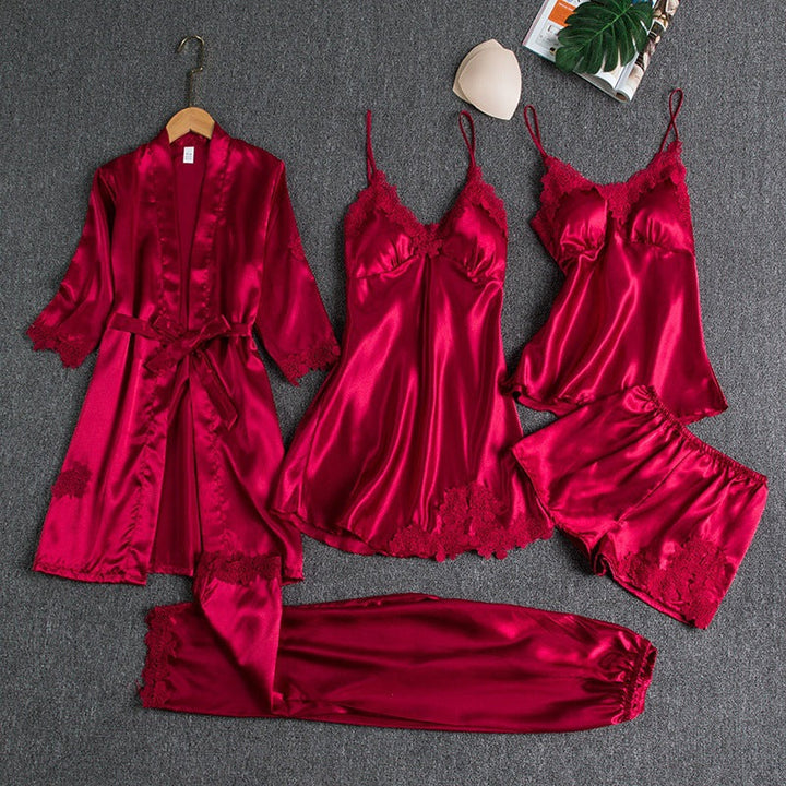 Comfortable ladies' satin nightwear set with lace details. A soft 5-piece loungewear gift for elegant relaxation.