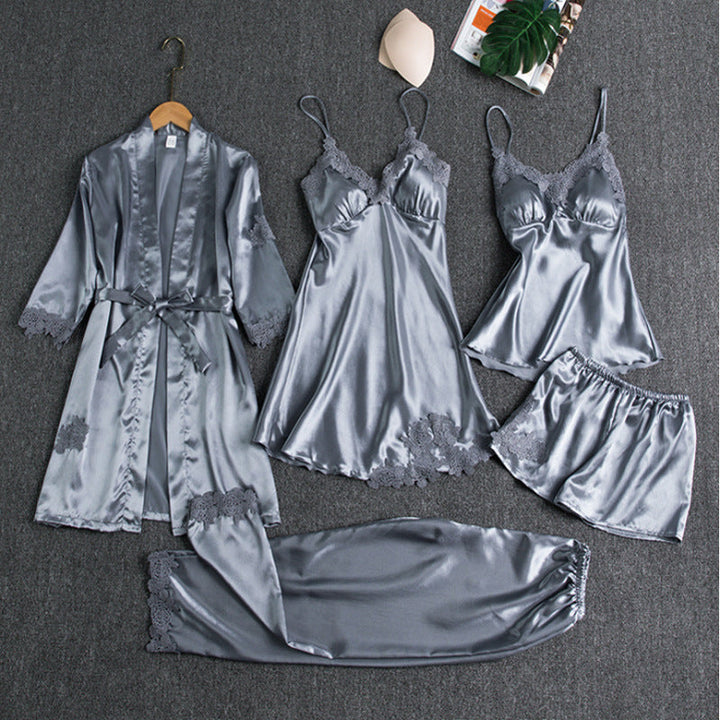 Soft women's 5-piece satin loungewear set: a comfy camisole, long pants, shorts & matching lace-trimmed robe.