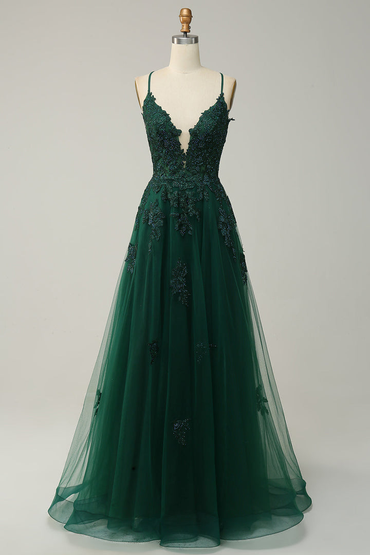 Elegant Women's A-Line Evening Gown with Spaghetti Straps & Lace-Up Back. Perfect formal dress for special events.