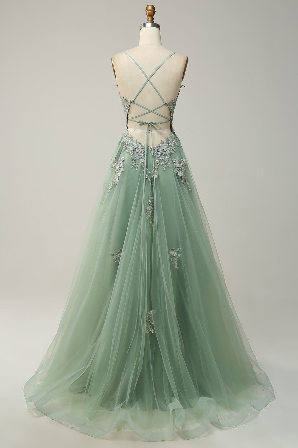 Women's A-Line Prom Dress with spaghetti straps & lace-up back. Ideal wedding guest or gala gown.