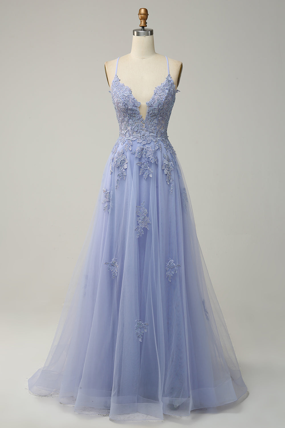 Versatile A-Line formal dress for women, spaghetti straps & lace-up back. Prom, wedding, gala suitable.
