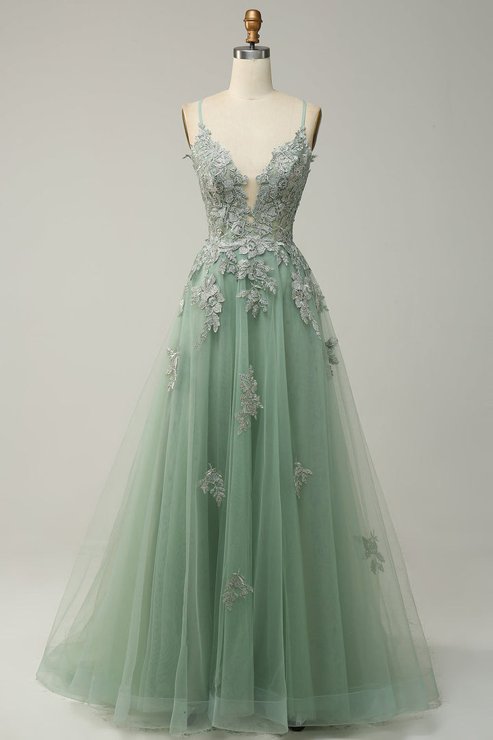 Classic A-Line Evening Gown, spaghetti straps & lace-up back. Women's formal wear for weddings & galas.