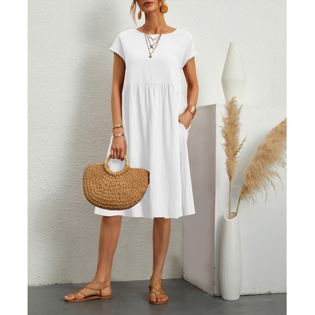 Chic women's casual A-line midi dress, Elise style. Short sleeve and comfortable for everyday wear. Elegant fashion.