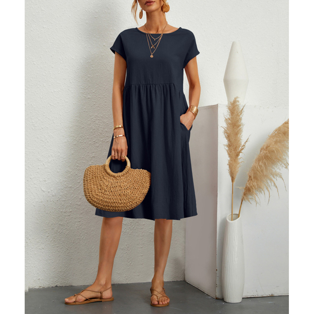 Women's A-line midi dress with elegant short sleeves, Elise style. Comfortable & versatile for fashion-conscious women.