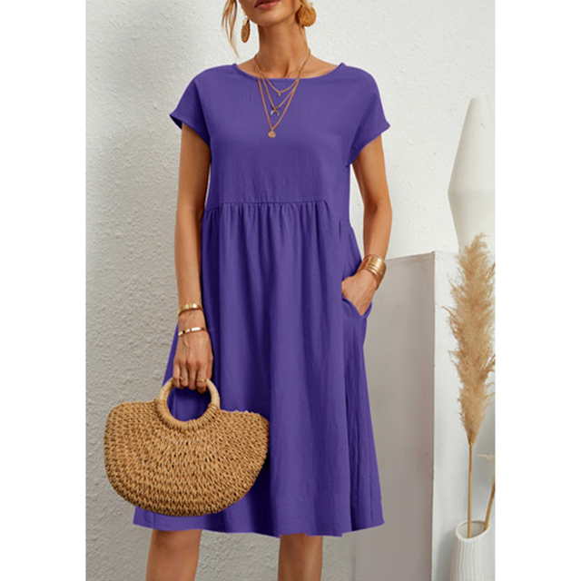 Sophisticated women's A-line midi dress, Elise style. Elegant short sleeve, perfect for a chic & comfortable outfit.
