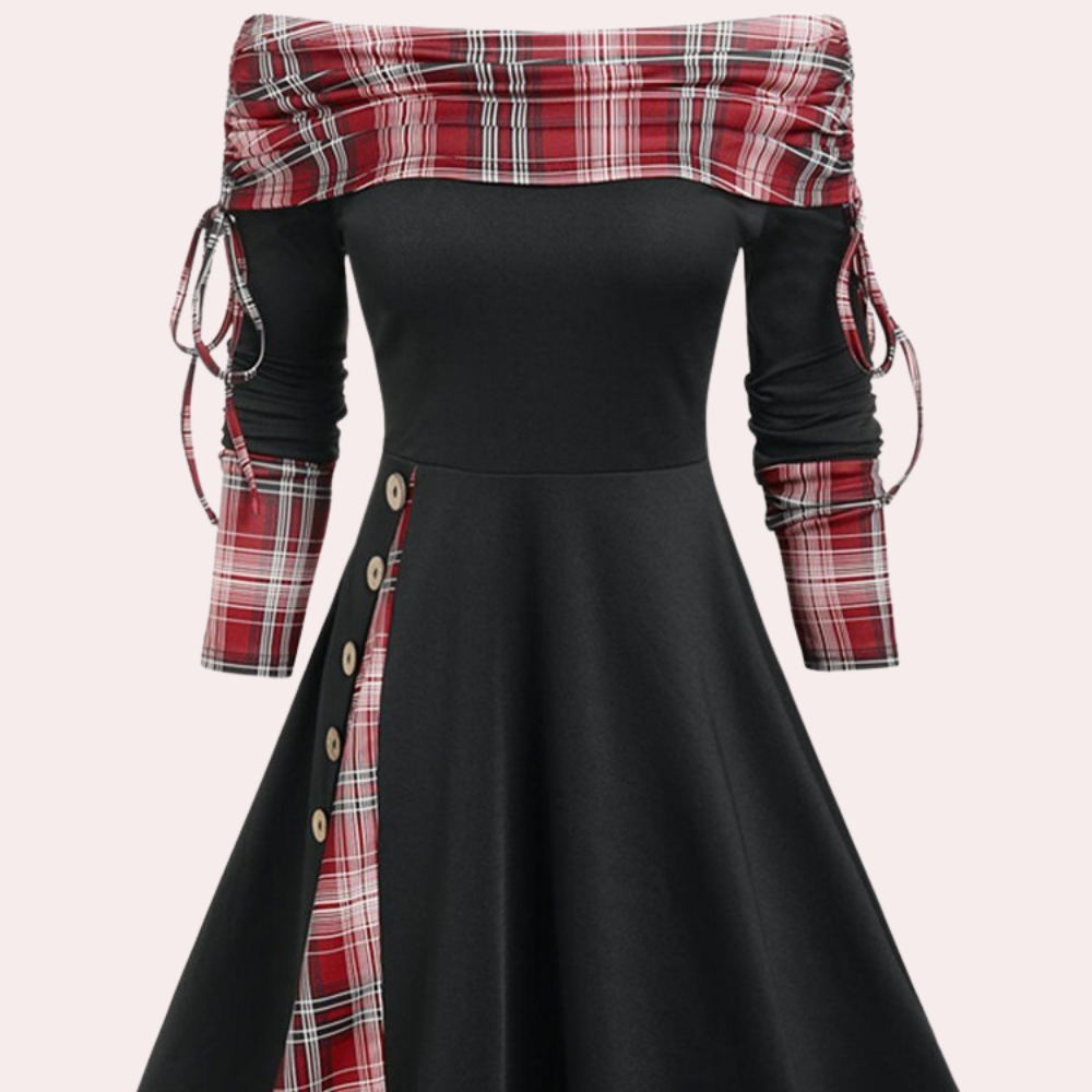 Flattering women's A-line dress, Elara, with a stylish accent print. Great for day wear, work, or elegant occasions.