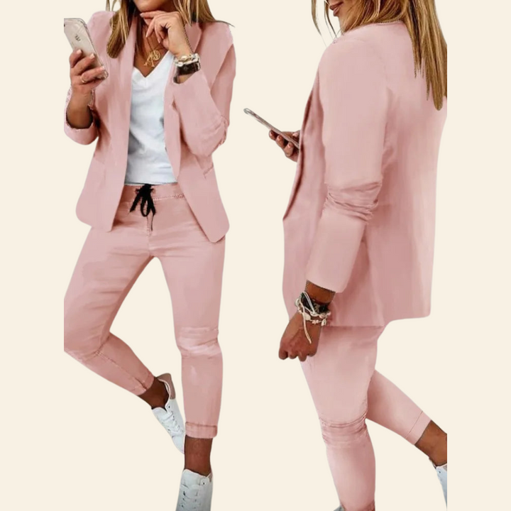 Women's Aurora tailored set: elegant long sleeve top & coordinating pants. A chic, comfortable outfit for modern style.